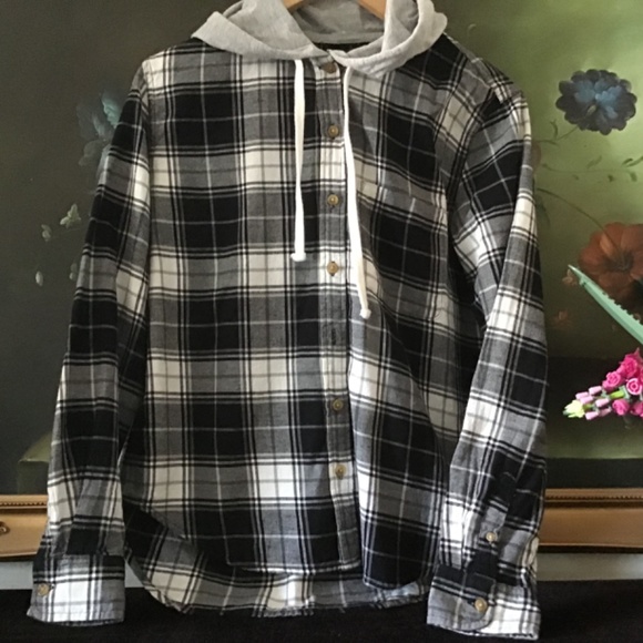 EUC Forever 21 Women’s Hooded flannel plaid Shirt black and white Size S - Picture 4 of 6